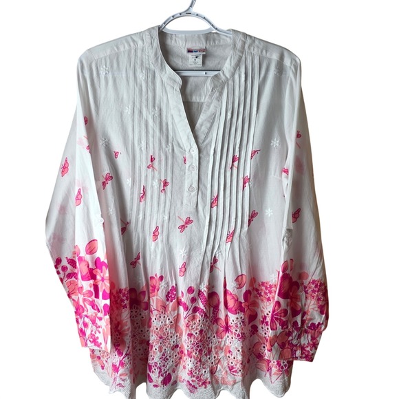 American Sweetheart Tops - American Sweetheart Womens M White Pink Floral Cotton Eyelet Boho Blouse